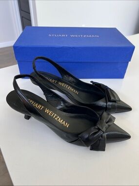 Stuart Weitzman sofia 50 slingback black leather pointed toe bow low heels 5
